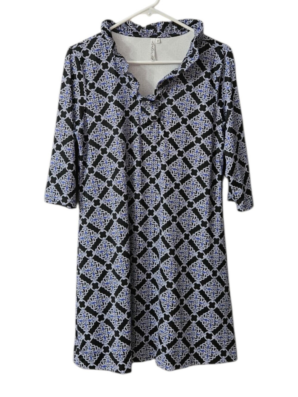 Lulu-B Ruffle Collar Dress 3/4 Sleeves Women's Medium Black Blue Travel